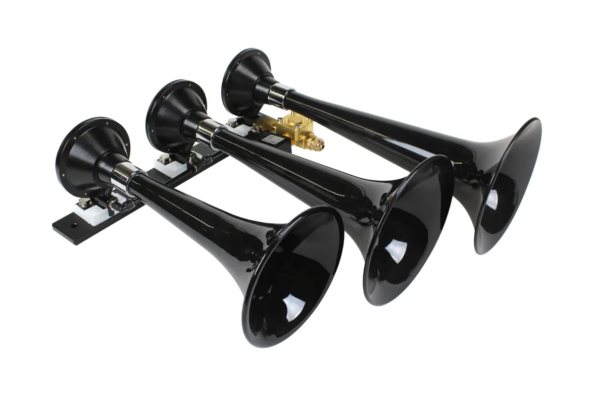 Black Triple Horn; 15 in. / 13 in. / 11 in. High Impact ABS Trumpets; Zinc Alloy Base;