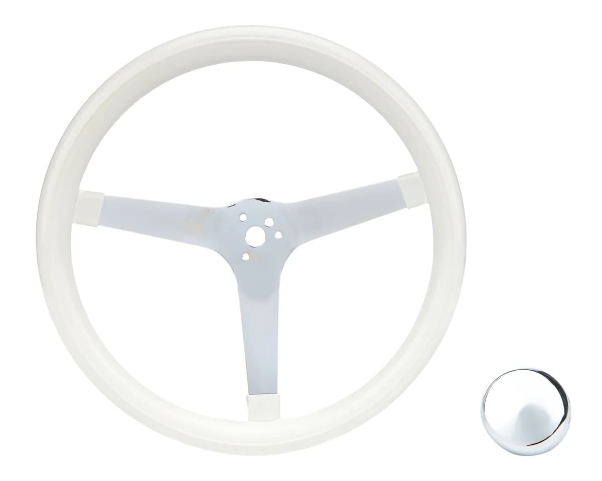 Classic Series Steering Wheel; 14 3/4 in. Diameter 3 1/2 in. Dish; White Grip; Chrome 3-Spoke Design;