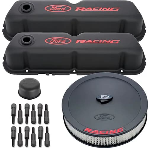 Engine Dress-Up Kit Black Crinkle w/ Red Ford Racing Logo Fits SB Ford Engines Stock Powdercoat Ford Racing