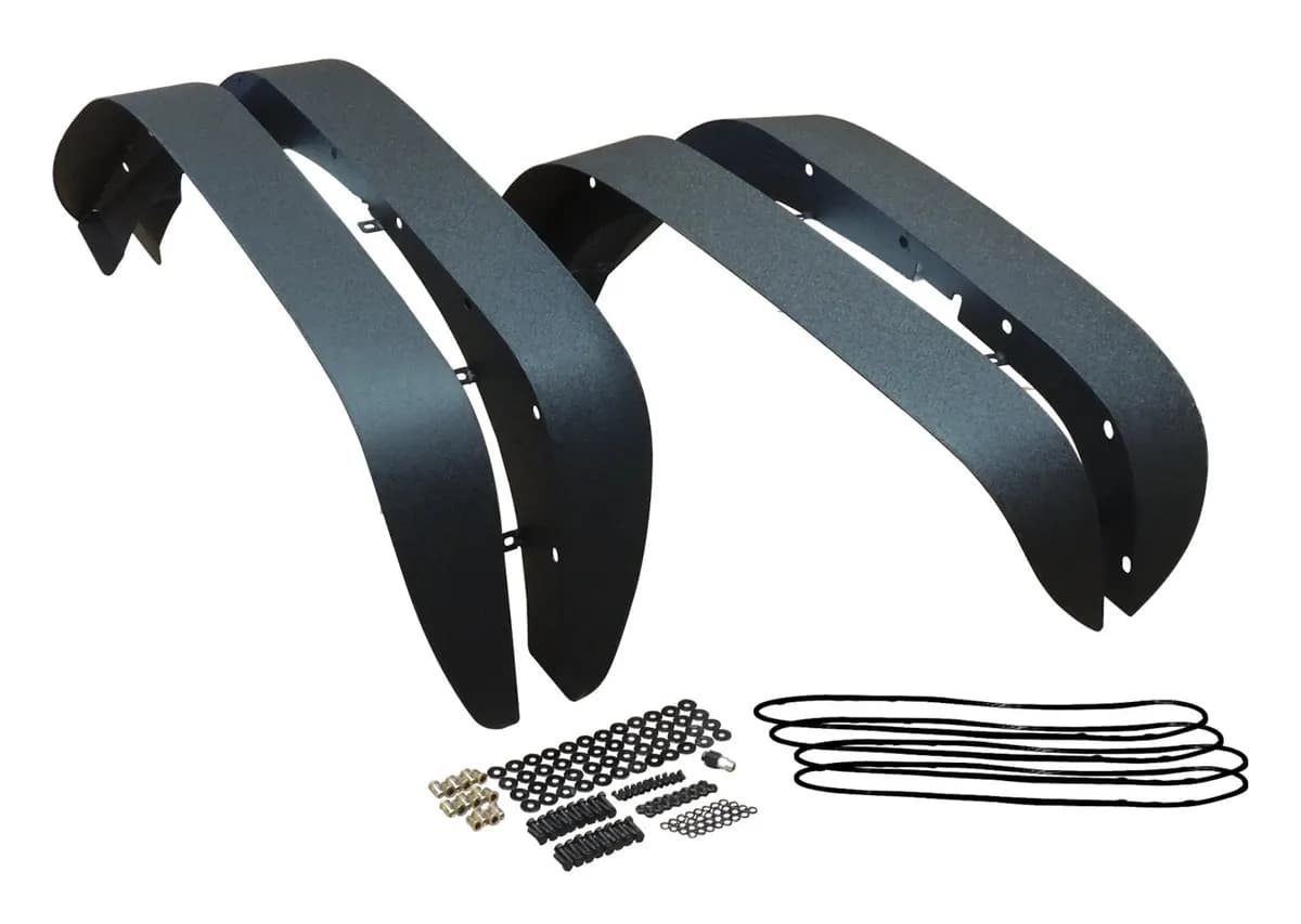 RTOff-RoadJeepFenderFlareKitBlackPlateSteelFenderFlareSetTexturedBlackPowderCoatFinishIncreasesTireClearanceIncludesAllHardwareNeededforInstallation