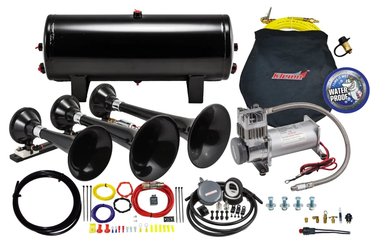 Pro Blaster™ Triple Horn Kit; Black; Includes Horns PN[230]/ 150 PSI Waterproof 100% Duty Cycle Air Compressor PN[6350RC]/ 3.0 Gallon Air Tank PN[6350RT];