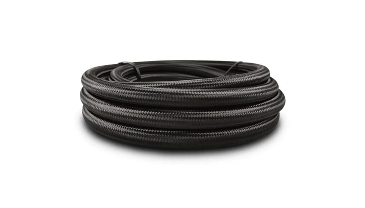 Nylon Braided Flex Hose; -10AN; 0.516 in. Hose ID; 0.625 in. Hose OD; 6.6875 in. Bend Radius; 2000 PSI Operating Pressure; 6000 PSI BP; 150ft. Roll; Black; w/PTFE Liner;