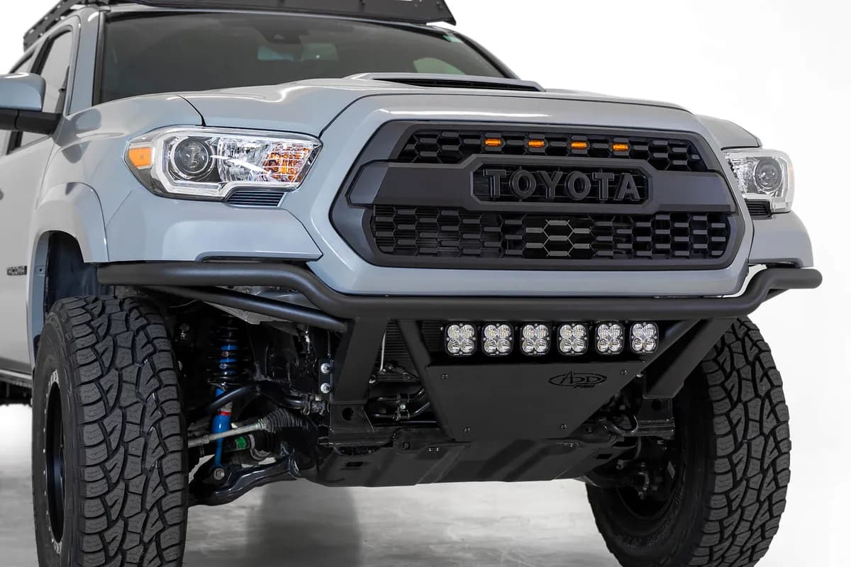 The Add Pro Bolt-On Bumper Stays Flush With The Front Your Toyota Tacoma. The Pro Bolt-On Truly Contours The Body Lines of The Tacoma Without The Need For a Plastic Valence. Built With .120 Wall Steel Tubing For Strength And Durability And an Aluminum sk