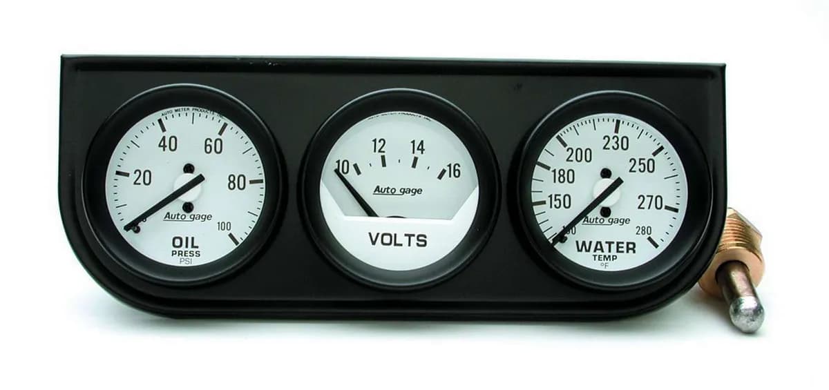 Autometer 2327 Gauge Console, Oilp/Wtmp/Volt, 2, 100psi/280?f/16v, Wht Dial, Blk Bzl, ag