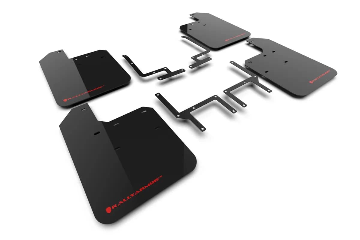 Rally Armor MF124-UR-BLK-RD - 2018-25 Jeep Wrangler Rubicon - Black Mud Flap/Red Logo