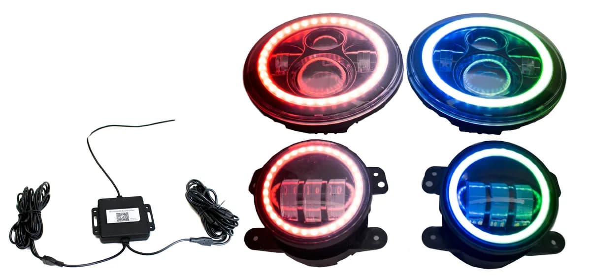 Chasing Version - Jeep Wrangler 7in Headlight and 4in Foglight ColorSMART Combo Complete RGB Multi-Color kit - Smartphone Controlled with (2) Headlights and (2) Foglights