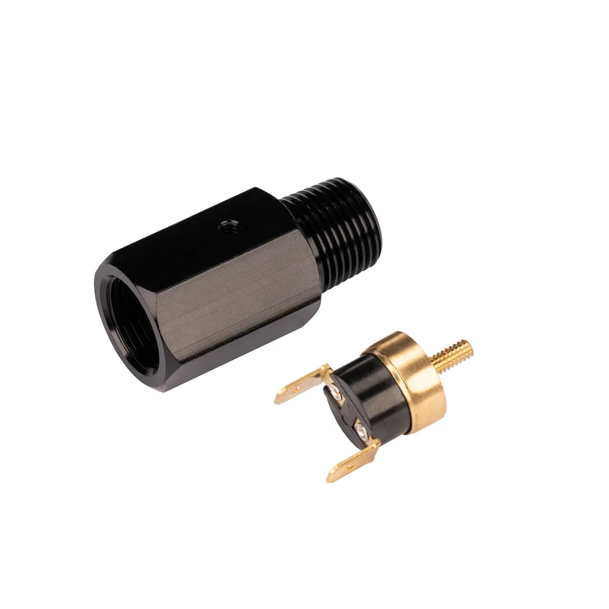 190° F Inline thermal switch. 3/8 NPT Black Anodized.