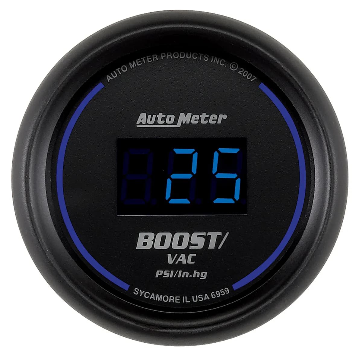 Gauge, Vac/Boost, 2 1/16", 30inHg-30psi, Digital, Black Dial w/ Blue LED
