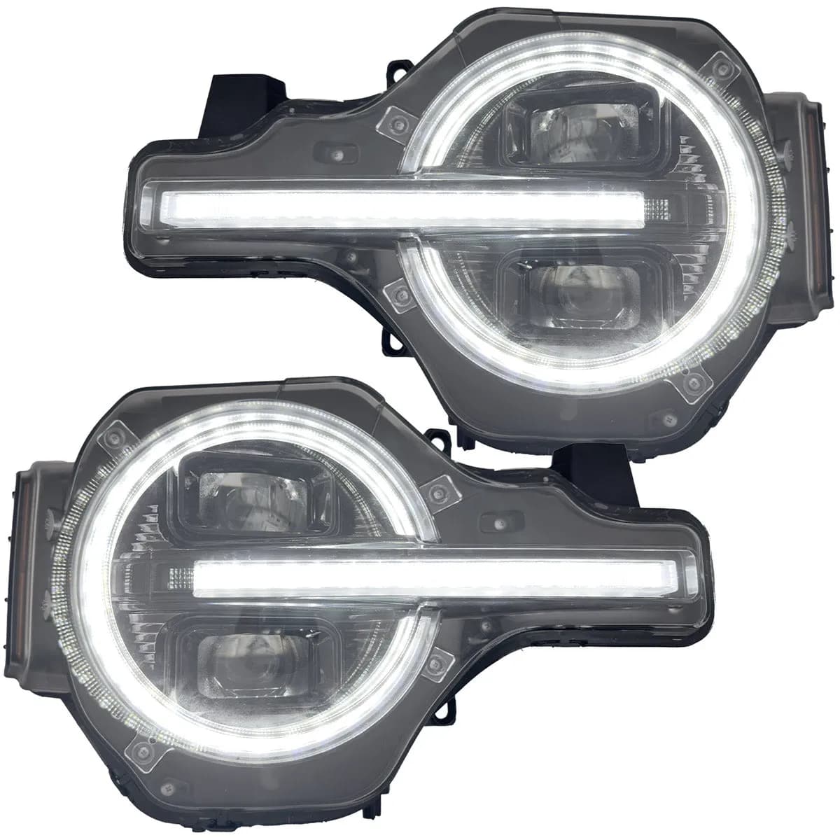 Recon Ford Bronco 21-24 LED Projector Headlights w Ultra High Power LED hi Low Beam White LED Scanning Turn Signals With Start-Up Lighting Sequence White LED Daytime Running Lights - Smoked / Black With White LED Turn Signals 264479bkwh