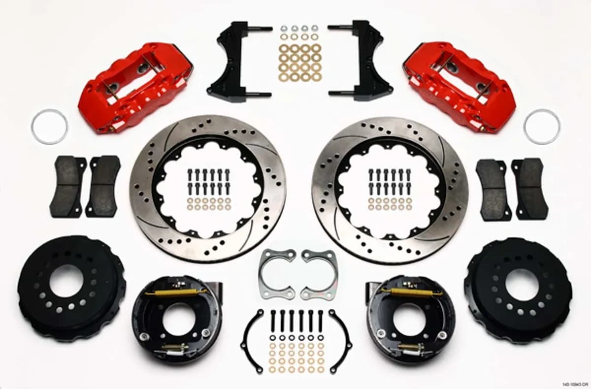 Wilwood AERO4 Rear P-Brake Kit 14.00in Drilled Red Chevy 12 Bolt w C-Clips