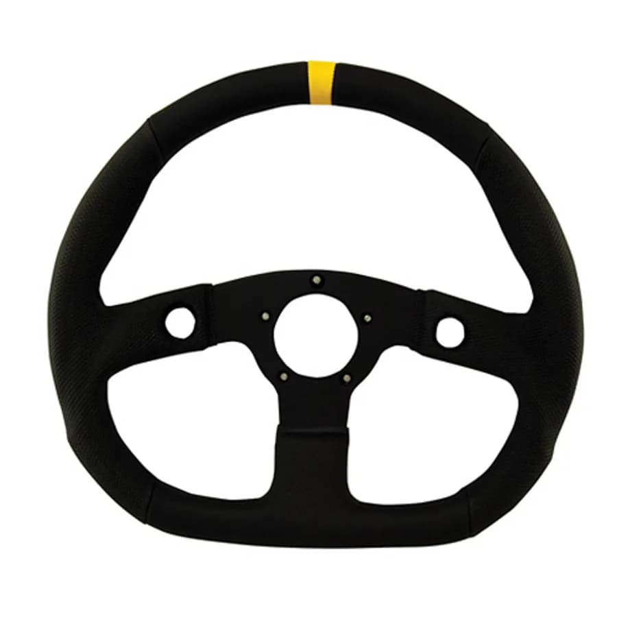 Performance GT Series Steering Wheel; 13.75 in. x 12 1/2 in. Diameter; Flat Dish; D Shape; Black Vinyl Grip w/Yellow Top Marker; Black Anodized Aluminum 3-Spoke;