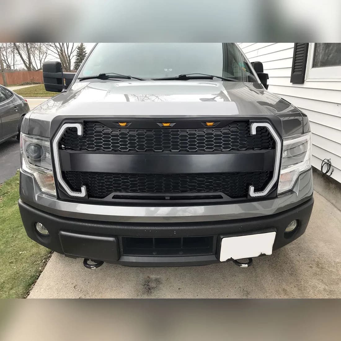 Raptor Style Mesh Grille W/ DRL & Turn Signal Lights - Matte Black For 2009-2014 Ford F150