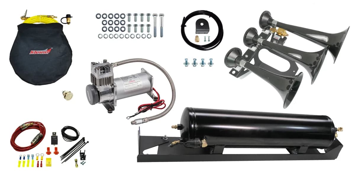 Onboard Air System w/Horns; Includes Triple Black Horns PN[230]/ 150 PSI Air Compressor PN[6350RC]/ 3.0 Gallon Air Tank PN[6350RT]; Spare Tire Location;