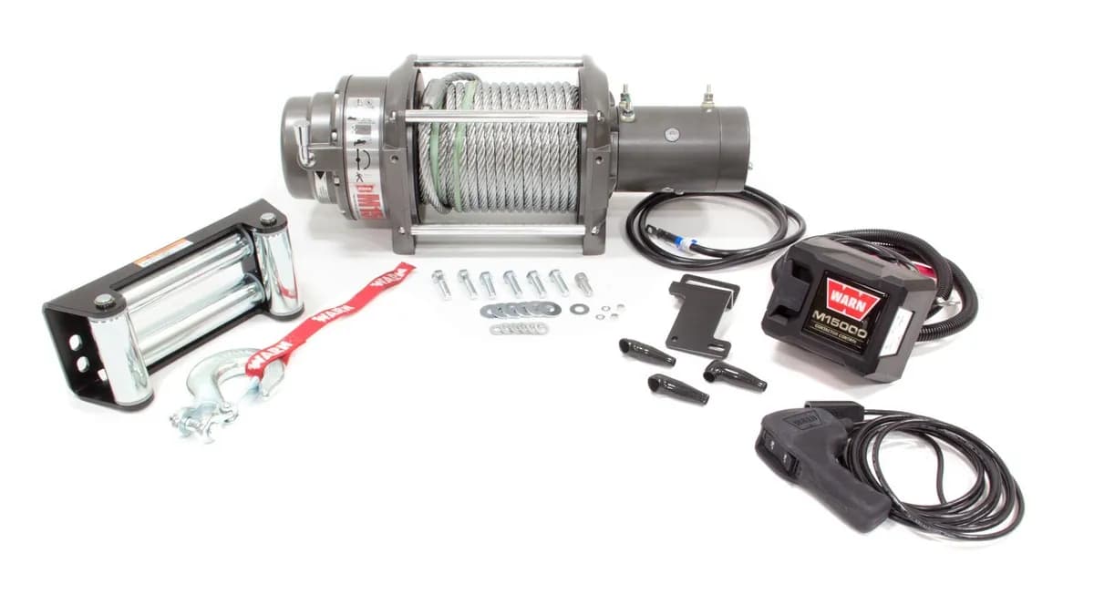 WARN - Vehicle Mounted; Vehicle Recovery Winch; 12 Volt Electric; 15000 Pound Line Pull Capacity; 90 Foot Wire Rope; Roller Fairlead; Wired Remote; Planetary
