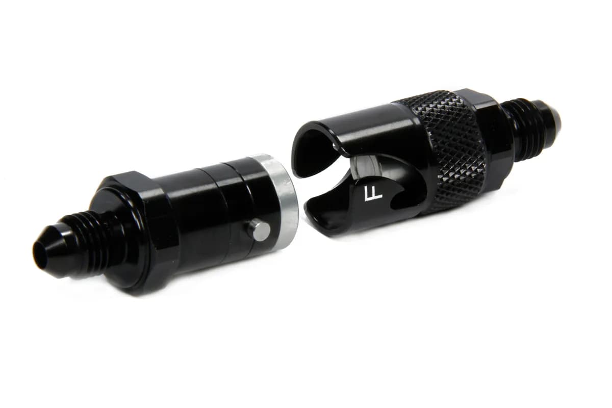 Quick Release Fitting; -4AN; 2400 PSI Maximum Operating Pressure; 6061 Aluminum; Black Anodized; Dry Break;