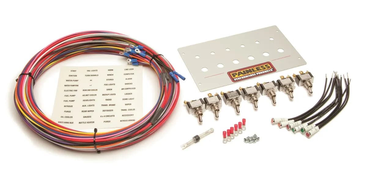 Toggle Switch Panel; Incl. 6 Colored LEDs; 6 Heavy Duty On/Off Toggle Switches; Momentary Switch; ON/Off/On Switches Color Coded Wire;