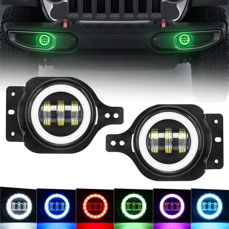 "4"" LED RGB Halo Fog Lights for For 2018+ Jeep Wrangler JL And Gladiator JT"