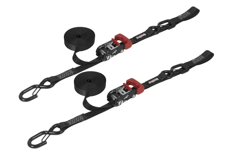 "1"" x 15' Ratchet Tie Down w/ Snap 'S' Hooks and Soft Tie (2 Pack) - Black"