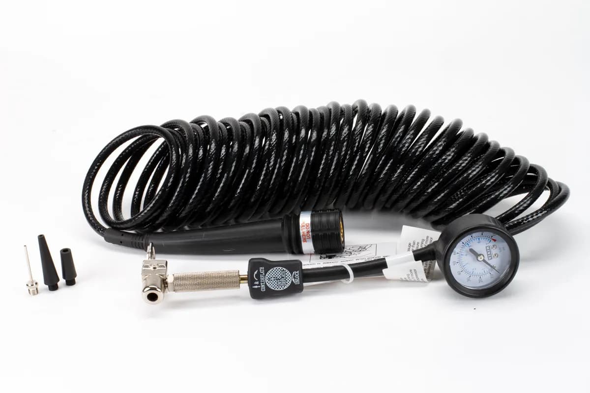 5-in-1 Deflator/Inflator, 25 Ft. Inside Braided Coil Hose, 120 PSI Inline Gauge, Bag