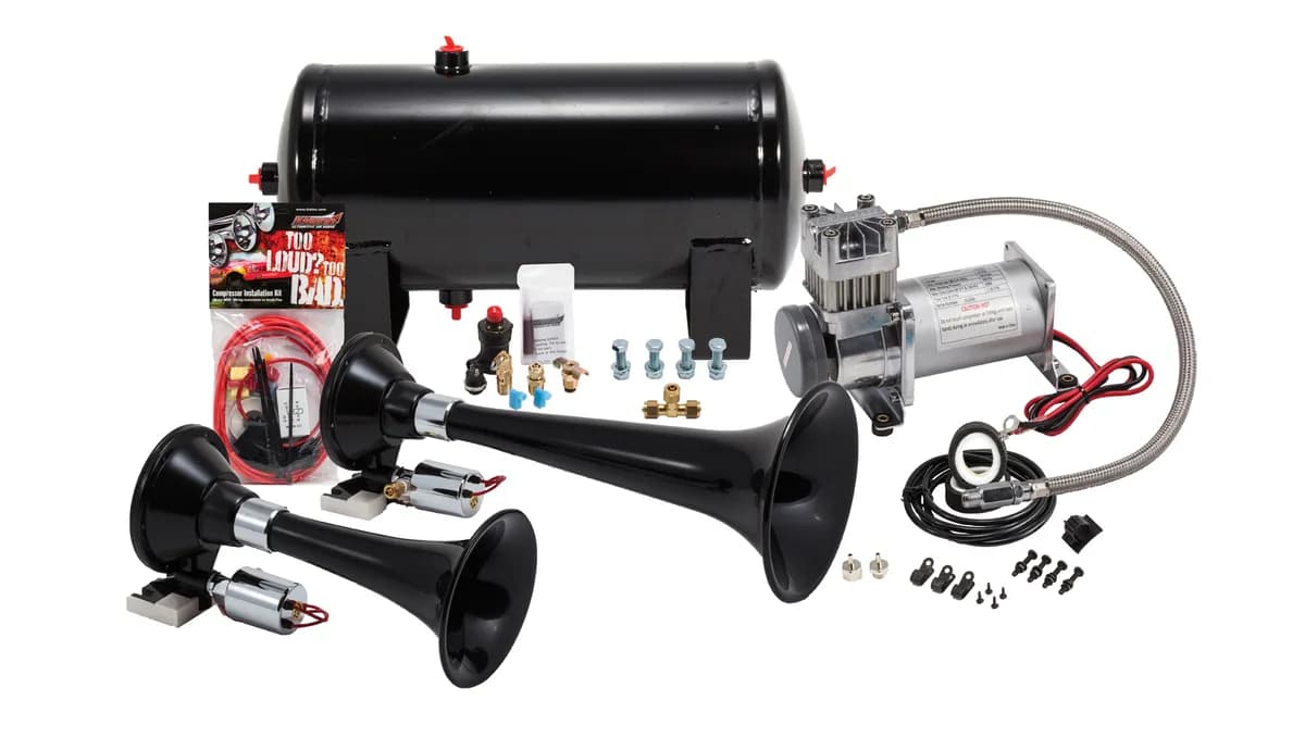 Pro Blaster™ Dual Horn Kit; Black: Includes Horns PN[220]/ 150 PSI Air Compressor PN[6275RC]/ 1.5 Gallon Air Tank PN[6275RT];