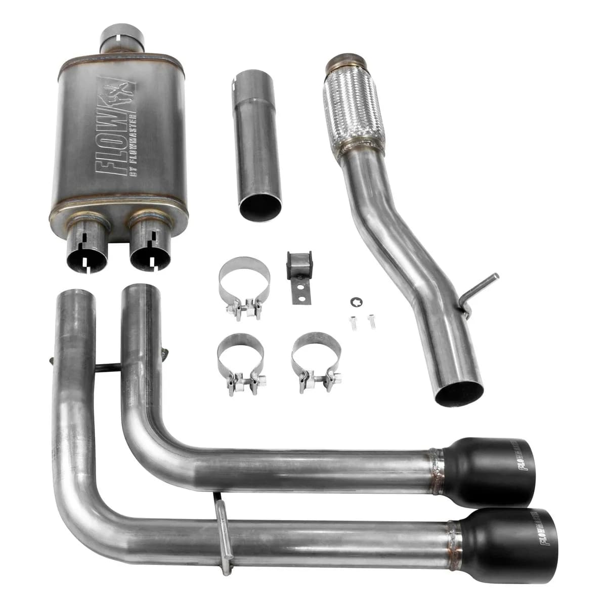 2014-2018 GM SilveradoSierra 1500 12 Ton 5.3L V8 Crew Cab and Double Cab 24 Wheel Drive Except Crew Cab 2WD with 2 Pc Driveshaft Cat-back Flow FX Series Muffler Mandrel Bent 2.5in. 16 Gauge Tubing 4 in. Black Ceramic Coated Tips WEtched