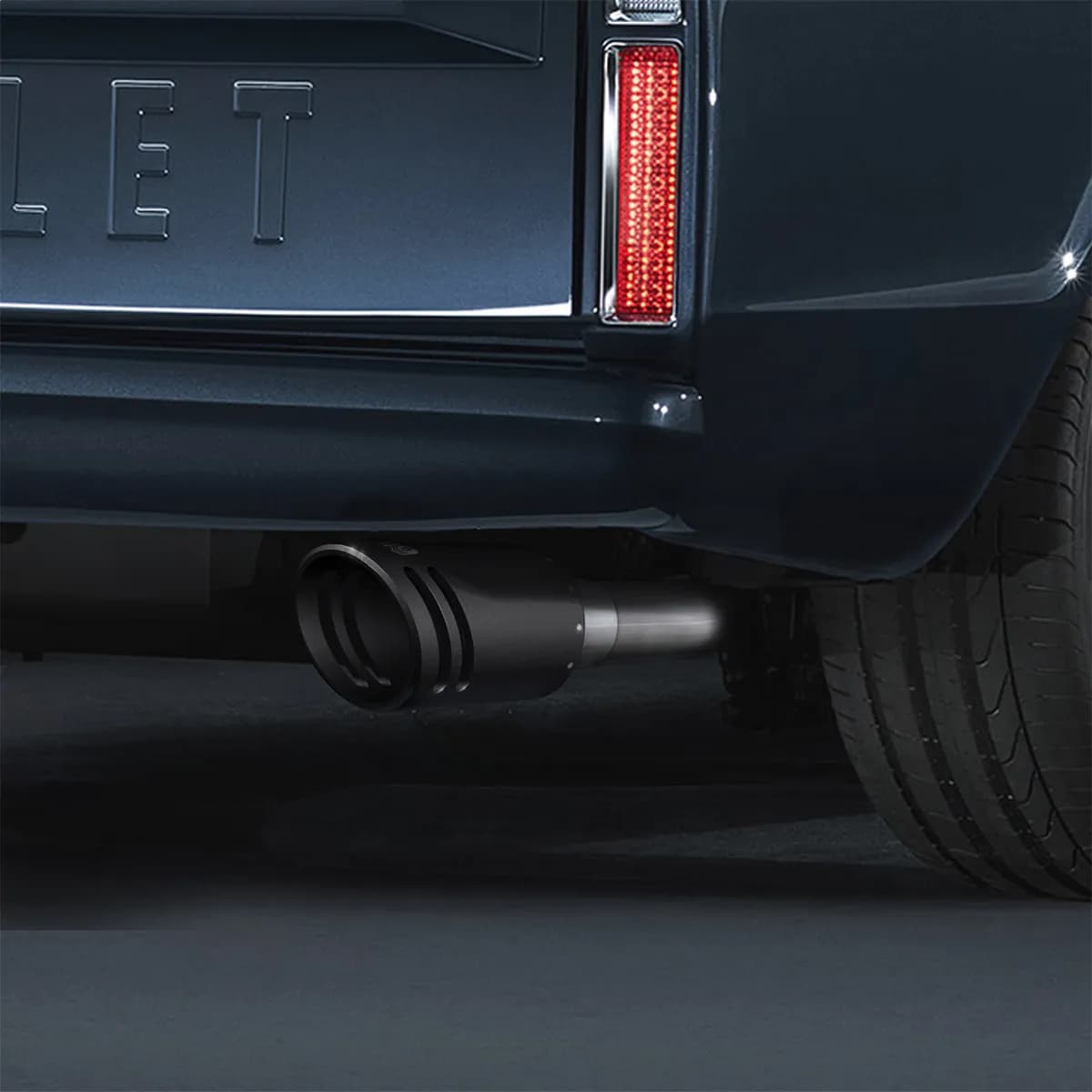 GEM Billet Exhaust Tip; 4 in. Inlet/5 in. Outlet x 12 in. Length; Billet Aluminum And 304 Stainless Steel; SILENCER Cut; Black Finish;