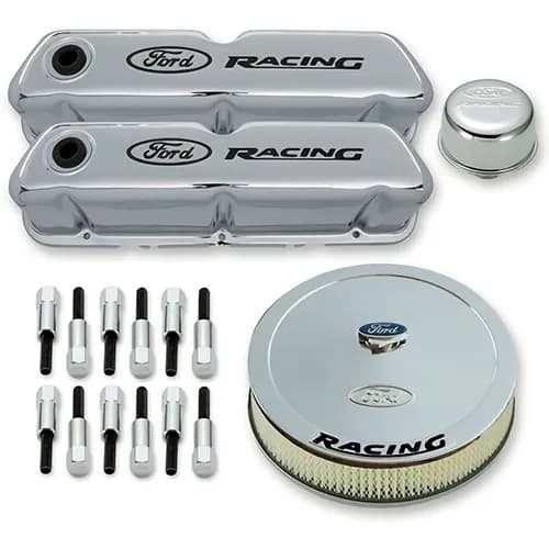 Engine Dress-Up Kit Chrome w/Black Ford Racing Logo Fits SB Ford Engines Stock Chrome Ford Racing