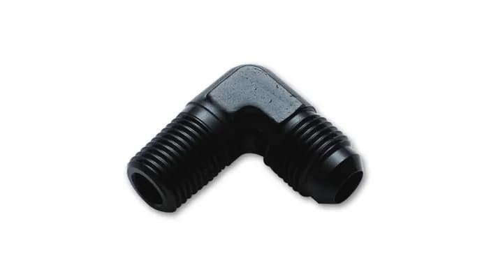 90 Degree AN to NPT Adapter Fitting; -10AN x 0.5 in. NPT; 6061 Aluminum; Black Anodized;