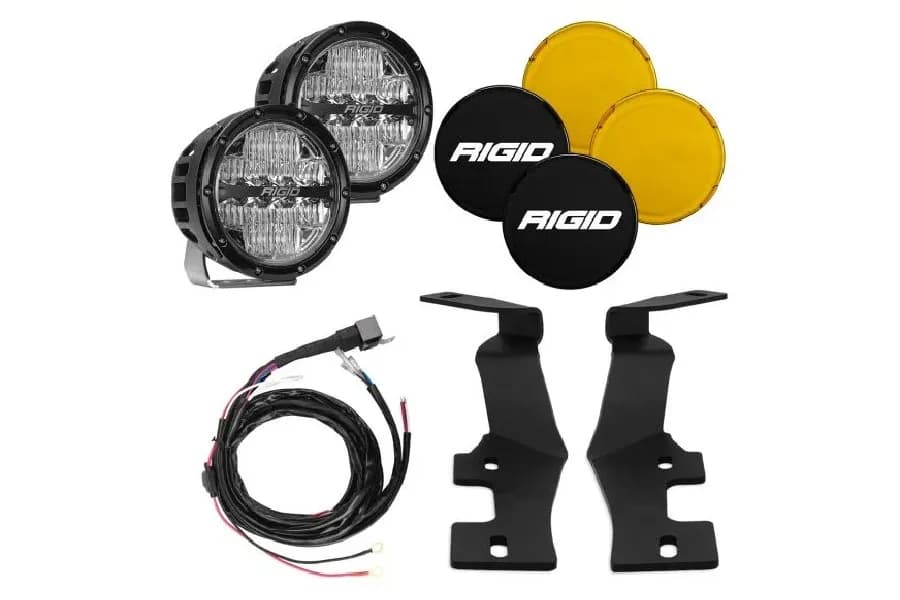 This RIGID A-Pillar mount kit is designed for the 2019+RAM 2500 and 3500; it includes two A-Pillar mounting brackets; two 6 inch 360-Series Amber Backlight Drive lights; two black light covers; two amber light covers; and a wiring harness.