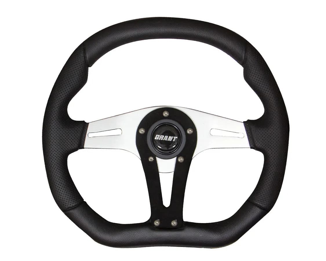Performance Series Aluminum Steering Wheel; 13.75 in. x 11 3/4 in.; 1 1/2 in. Dish; Wrapped Suede w/Contoured Polyurethane Grip; Vertical 3-Spoke Design;