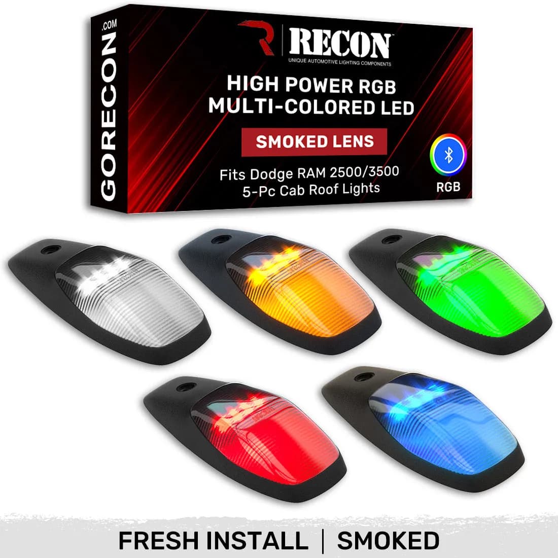 Dodge 19-23 RAM Heavy-Duty 2500 3500 5-Piece Set Smoked Cab Roof Light Lens With RGB Multi-Colored High-Power LED s - Attn Cab Lights Are User Controlled by Bluetooth Using App Thru Mobile Phone Tablet - Attn This Cab Light Set is For a Fresh in