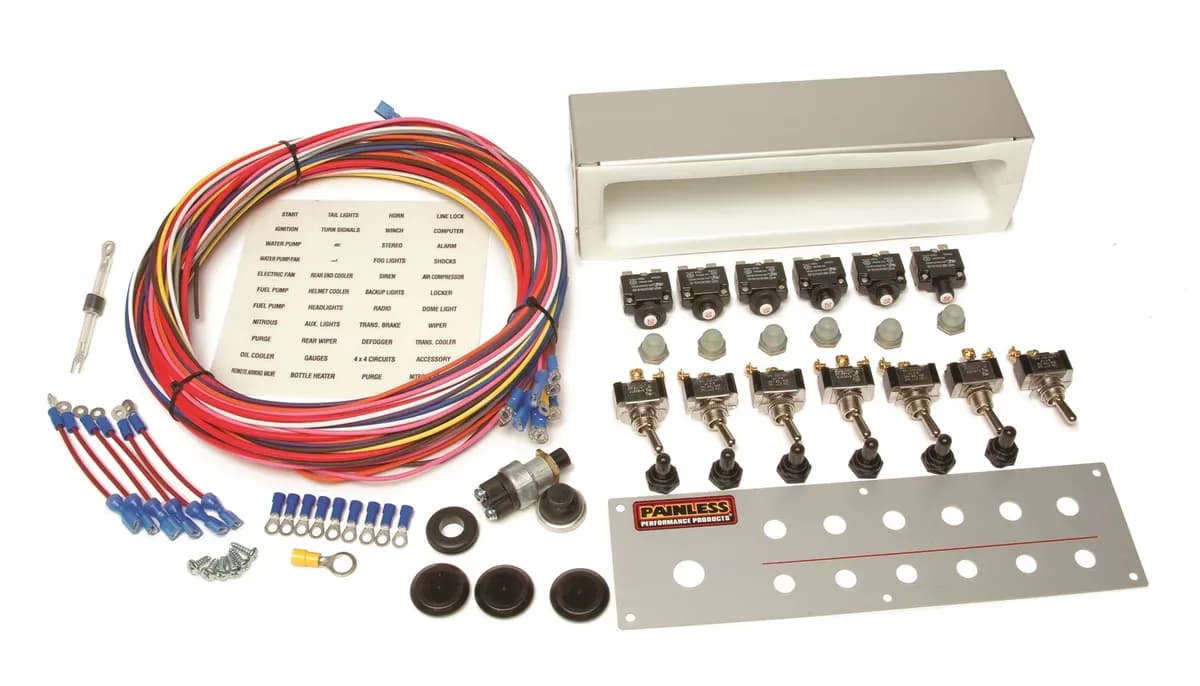 Off-Road Toggle Switch Kit; 6 Switch; Incl. 20A Toggles/Push-Button Reset Circuit Breakers/Push Button Start/18 ft. - 14 ga. TXL Wires/Labels/Off-Road Switch Panel; Roll Bar Mt.;