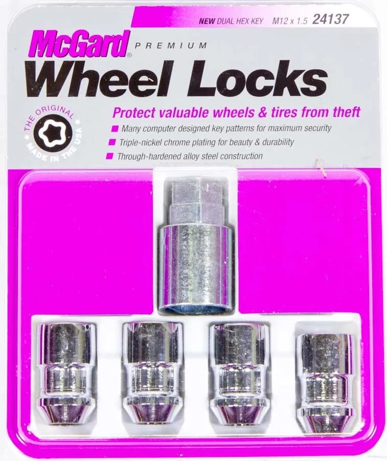 Wheel Lock Set M12x1.5 Nut Cone Seat Dual 19mm & 21mm Hex 1.46 in Oal Chrome
