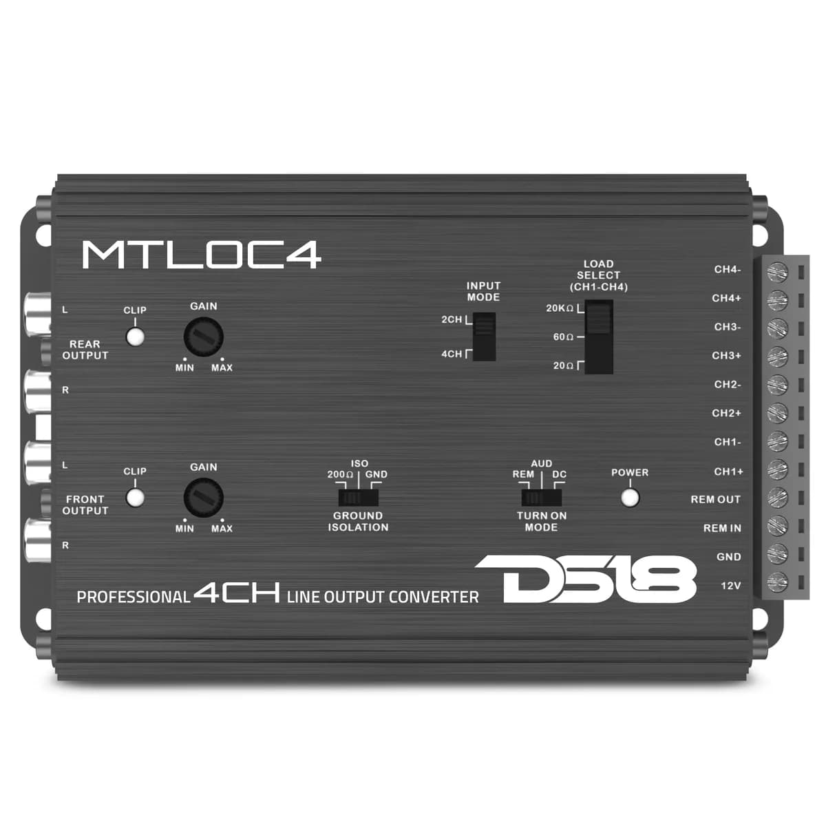 4-Channel | Speaker Emulator | Remote Out | Level Matching Controls | LED Clip Indicator | Load Selector | Input Mode Selector | Ground Insolation