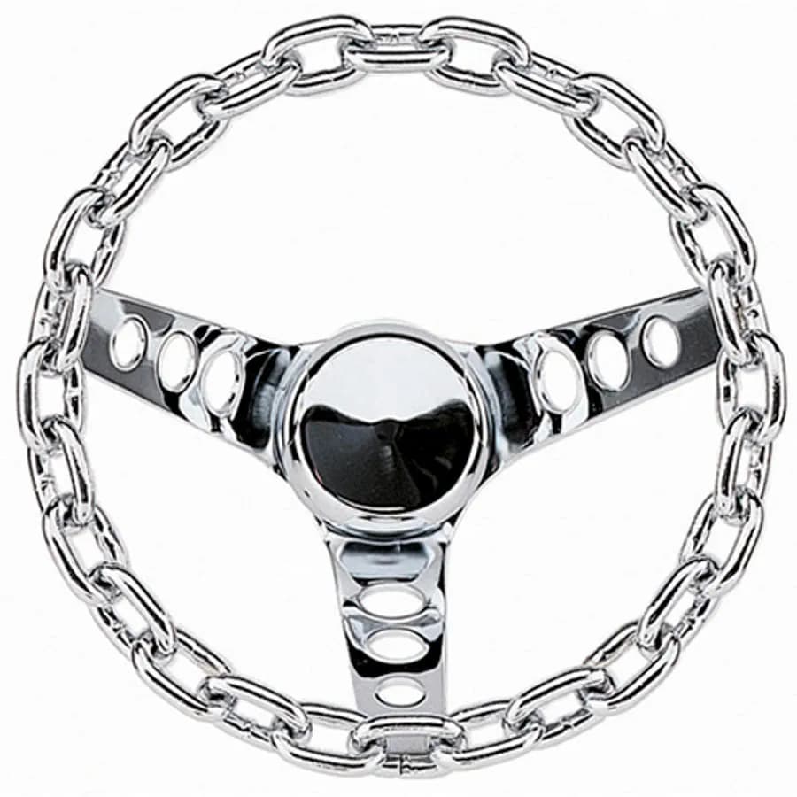 Classic Series Chain Steering Wheel; 10 in. Diameter; 5 1/2 in. Dish; Chrome Chain Grip; Chrome 3-Spoke Design;