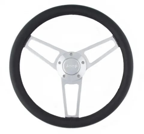 Billet Series Leather Wheel and Installation Kit; 14.75 in. Diameter; 3-Spoke Design; Black; Jeep Logo; Includes Wheel/OEM Center Cap/Install Kit PN[5196-1] Polished;