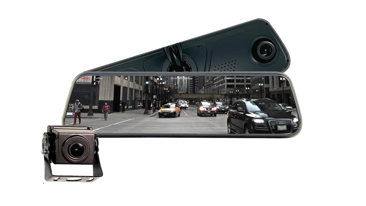 FullVUE® Mirror Commercial Camera System w/Built-In Dashcam; Park Monitoring Available; 32 GB SD Card Included; Parking Gridlines Available; Built-In G-Shock Sensor;