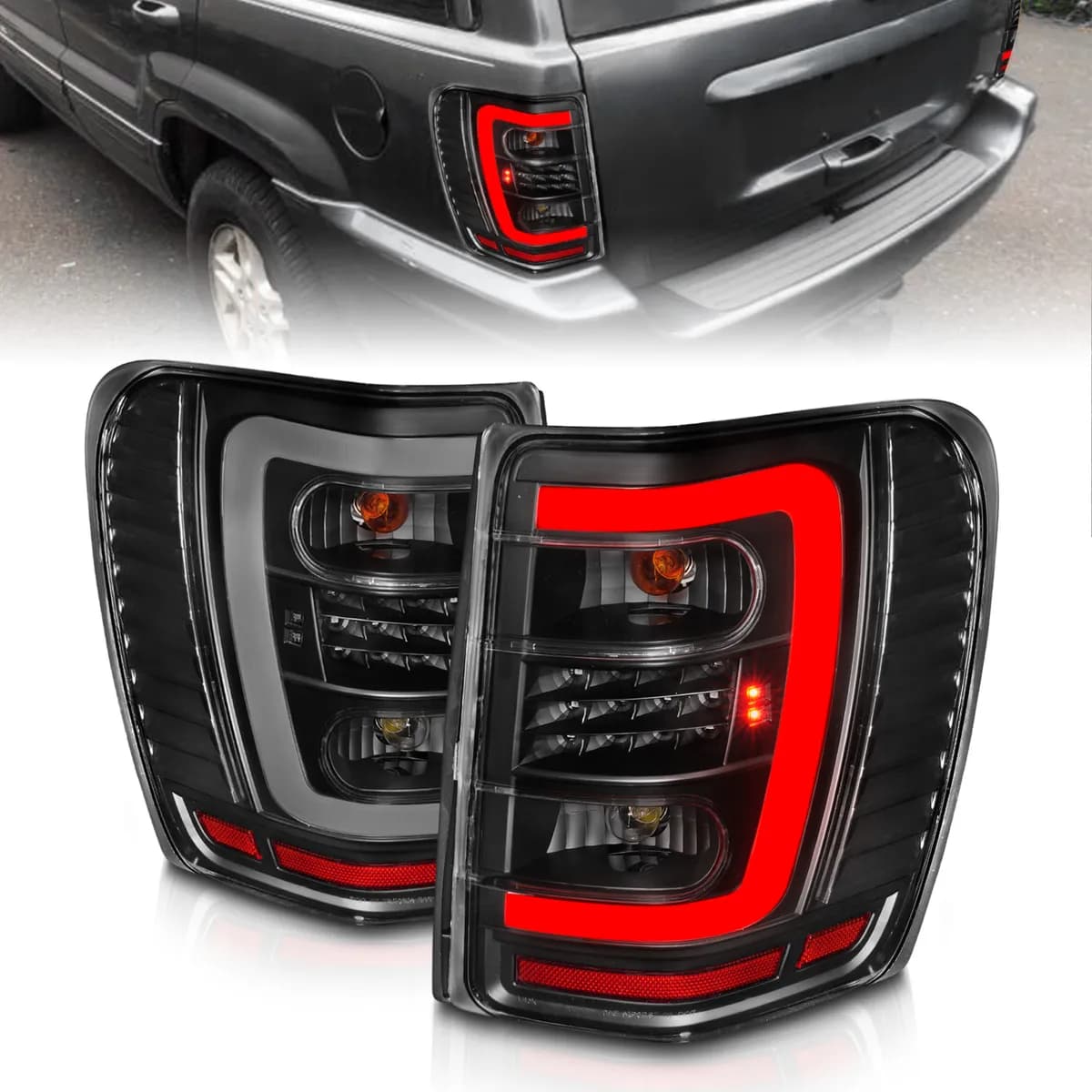 LED Tail Lights w Light Bar Black Housing Clear Lens Jeep Grand Cherokee 1999-2004