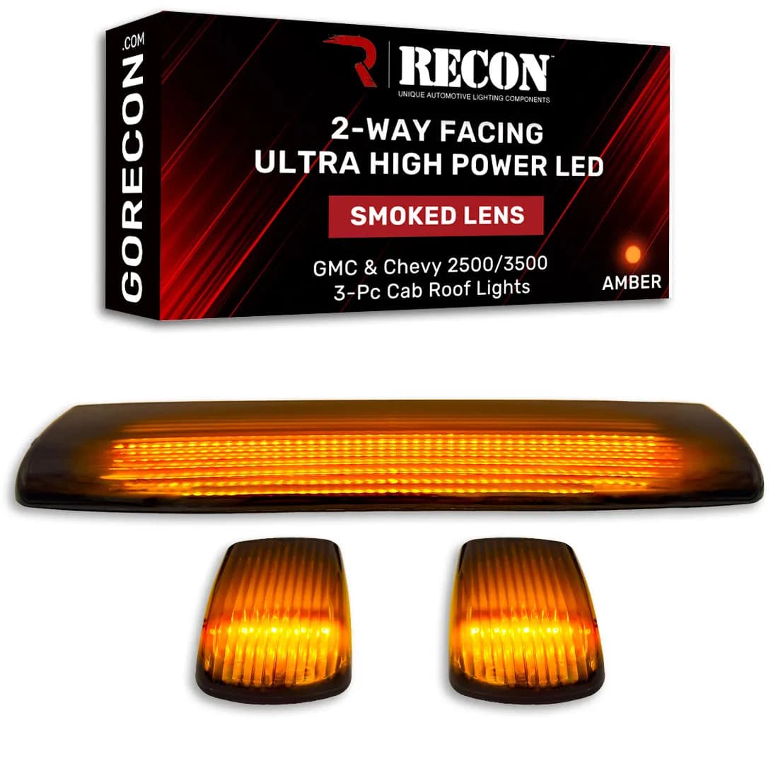 Gmc Chevy 15-19 3rd Gen Body Style Heavy-Duty 3-Piece Set Smoked Cab Roof Light Lens With 2-Way Forward Rear Facing Amber Ultra High-Power Leds - Plug-N-Play Installation Replaces OEM Installed Cab Roof Lights