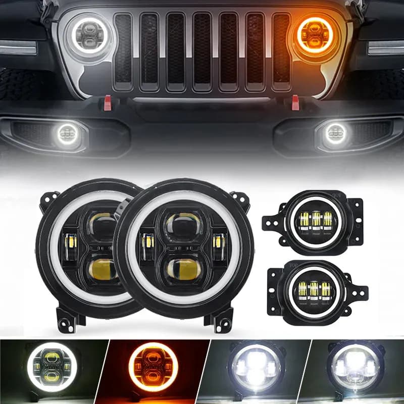 "classic 9"" Halo LED Headlights With DRL & Amber Turn Signals & LED Halo Fog Lights For 2018-Later Jeep Wrangler JL And Gladiator Jt"