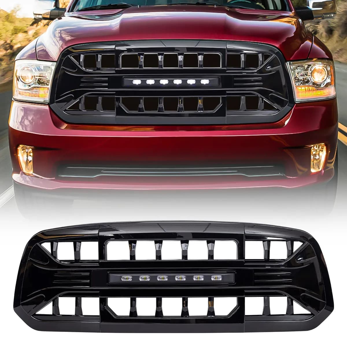 Armor Grille W/ Off-Road Lights - Gloss Black For 2013-2018 Dodge RAM 1500 ( Not Fit Rebel Models ), 2019-2023 Ram 1500 Classic