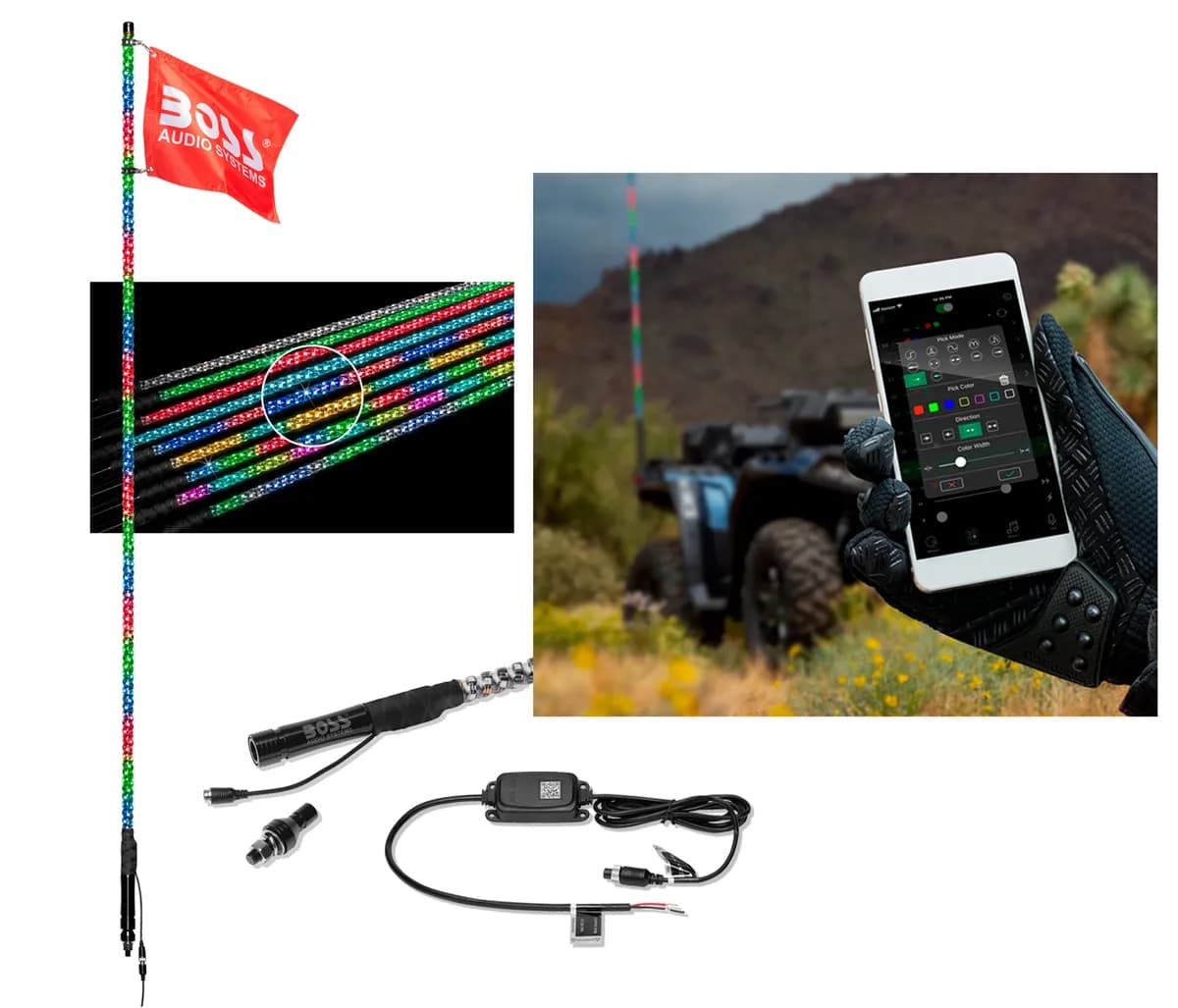 72in Long Changing RGB LED Wrapped Whip 360deg of Color Equals More Leds Lig