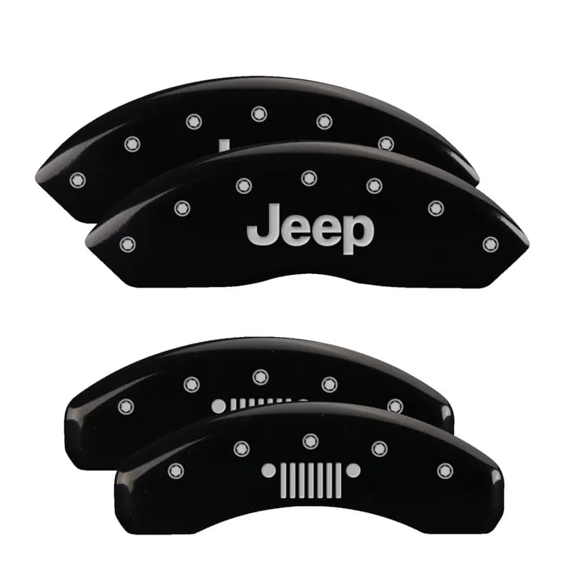 Set Of 4 Caliper Covers Engraved Front Jeep Engraved Rear Jeep Grill Logo Black Finish Silver Characters 2018-2024 Jeep Wrangler MGP Caliper Covers