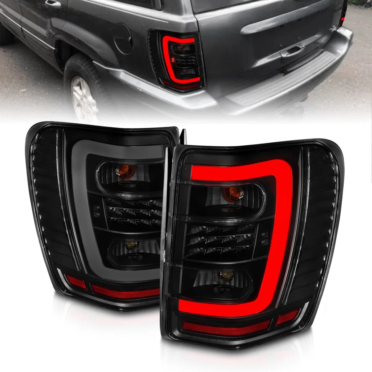 LED Tail Lights w Light Bar Black Housing Smoke Lens Jeep Grand Cherokee 1999-2004