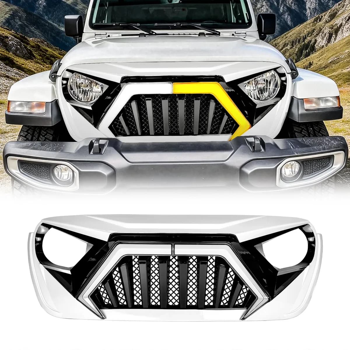 Goliath Grille W/ LED DRL and Turn Signals - White & Black For 18+ Jeep Wrangler JL & Gladiator JT | In Stock On Apr 30