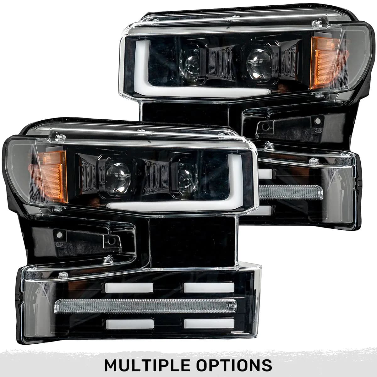 Chevrolet Silverado 19-20 1500 4th Gen Body Style w OEM Halogen And Standard Reflector Housing - Halogen Projector Headlights w Ultra High Power Smooth Oled DRL And Scanning Switchback High Power Amber LED Turn Signals - Smoked Black