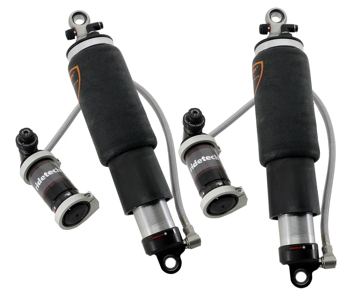 Rear TQ Shockwaves 8000 Series W/ 6.3 Inch Stroke And 1.7 Inch Eye Pair Of Triple Adjustable Shock waves 5 Inch Rolling Sleeve W/ 1/4 Inch Fittings And Bearing Spacers 1/2 Inch And 5/8 Inch 13 Inch X 18.6 Inch W/ A 15.75 -16.25 Inch Ride Height Ridetech