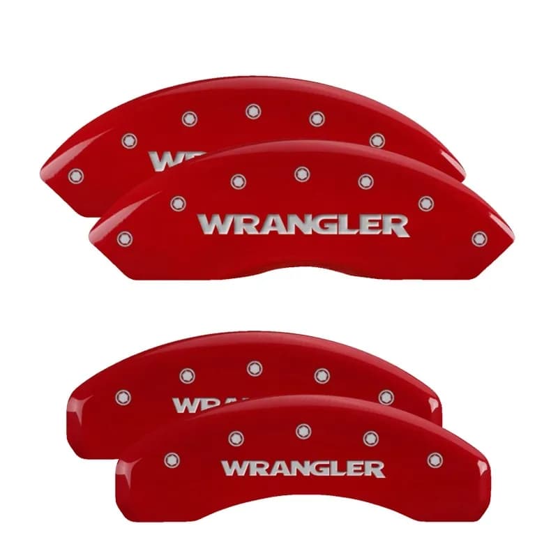 Set Of 4 Caliper Covers Engraved Front And Rear Wrangler Red Finish Silver Characters 2007-2018 Jeep Wrangler MGP Caliper Covers