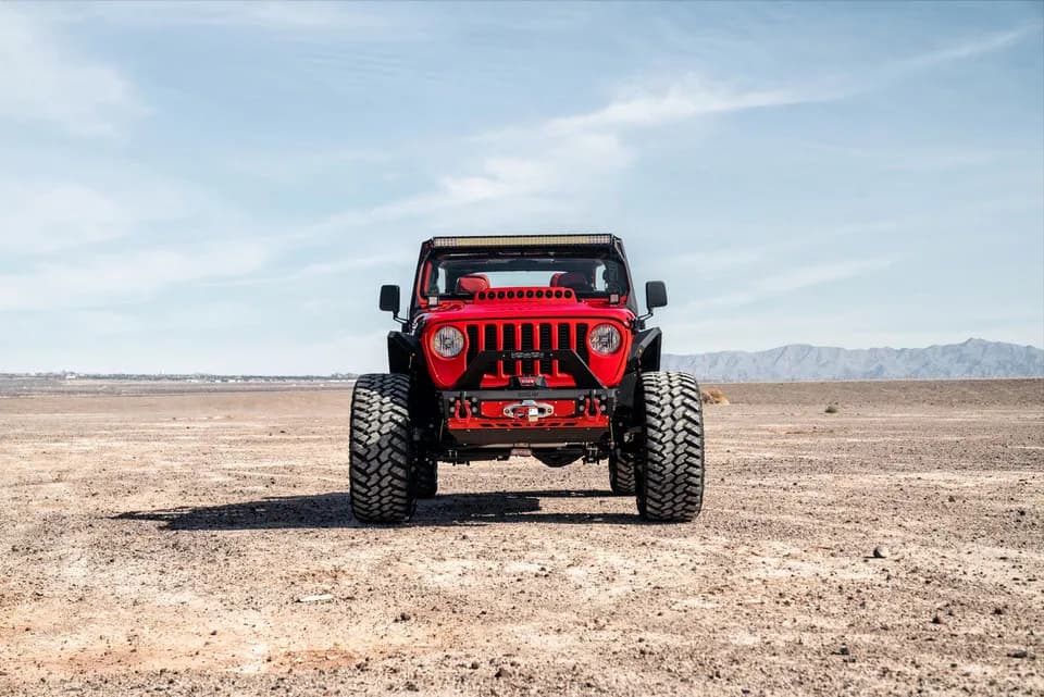 2018-2025 Jeep Wrangler JL Front Bumper Stubby with Push Bar End Cap Light Cutouts With Camera Harness + Pod Texture Black Powdercoat Bodyguard Bumpers
