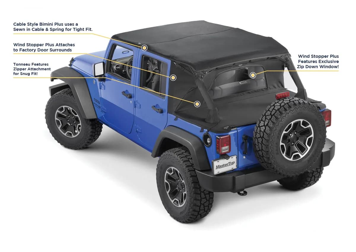 Jeep JK Combo For Soft Top Equipped Cable Style Bimini Top Plus 10-18 Wrangler JK 4 Door w/s Header WindStopper Plus and Tonneau MasterTwill MasterTop